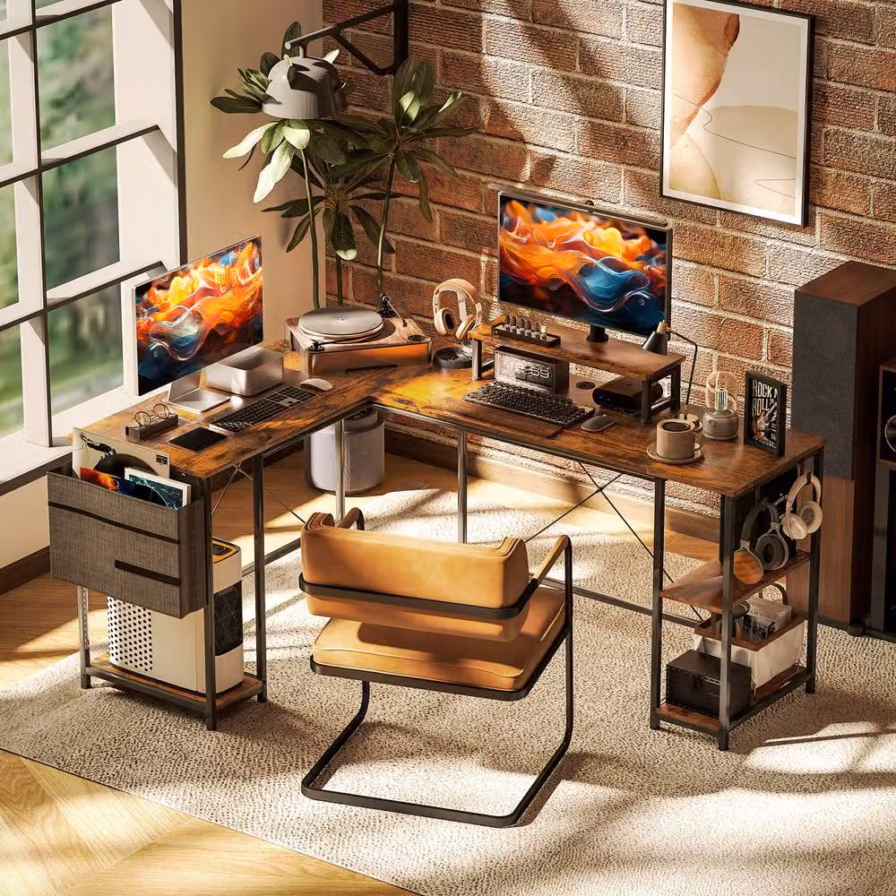 Rolipo Reversible L-Shaped Corner Computer Desk with Shelf and Monitor Stand, Brown – 3