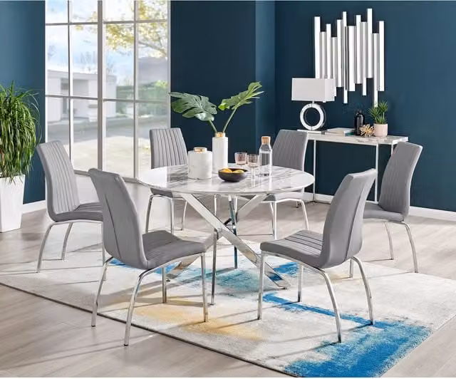 FurnitureboxUK Novara Round White Marble Effect Dining Table and 6 Isco Grey Faux Leather Chairs