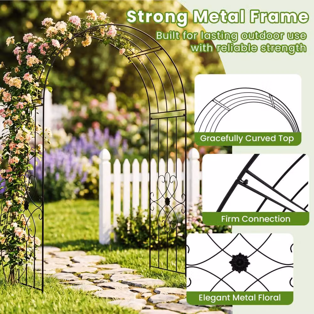 Costway Metal Garden Arbor and Trellis Archway with Ground Stakes in Black, H 225 x W 145 x D 51 cm – 7