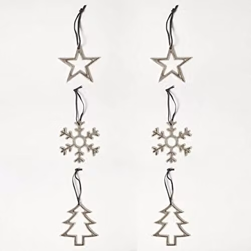 Homescapes Set of 3 Metal Christmas Hanging Ornaments in Silver and Gold