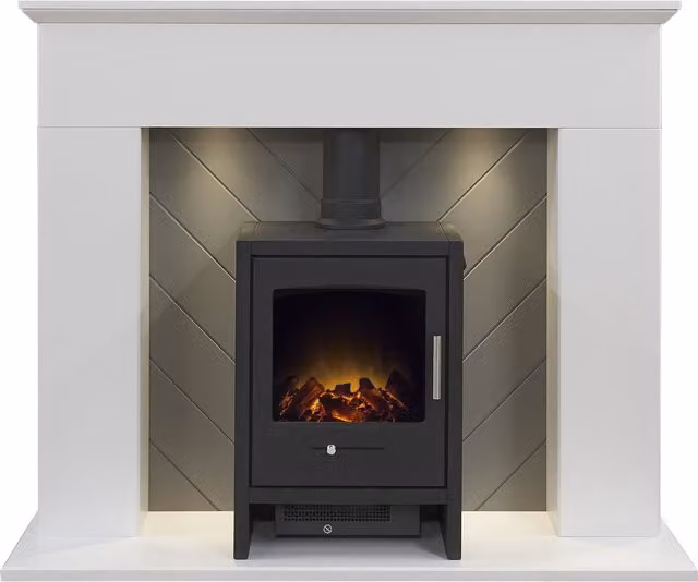Adam Fires & Fireplaces Corinth Stove Fireplace in Pure White and Grey with Downlights and Bergen Electric Stove in Charcoal Grey, 48 Inch – 1