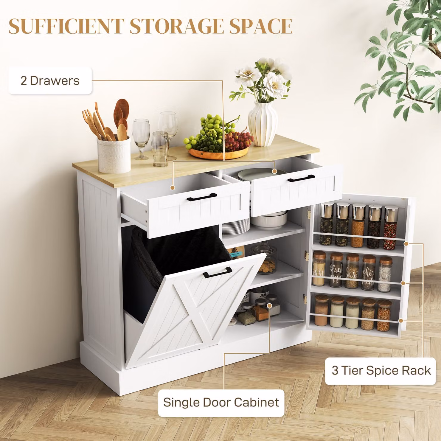 HOMCOM White Farmhouse Kitchen Sideboard with Tilt-out Trash Bin, 2 Drawers and Adjustable Shelves – 3