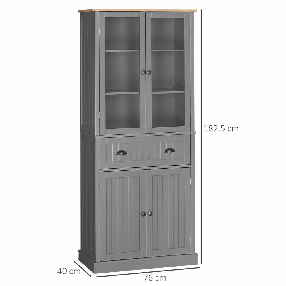 ERGOVEXA Tall Kitchen Pantry Cupboard in Grey with Glass Doors and Drawers, H: 182.5 cm, W: 40.0 cm, D: 76.0 cm – 2
