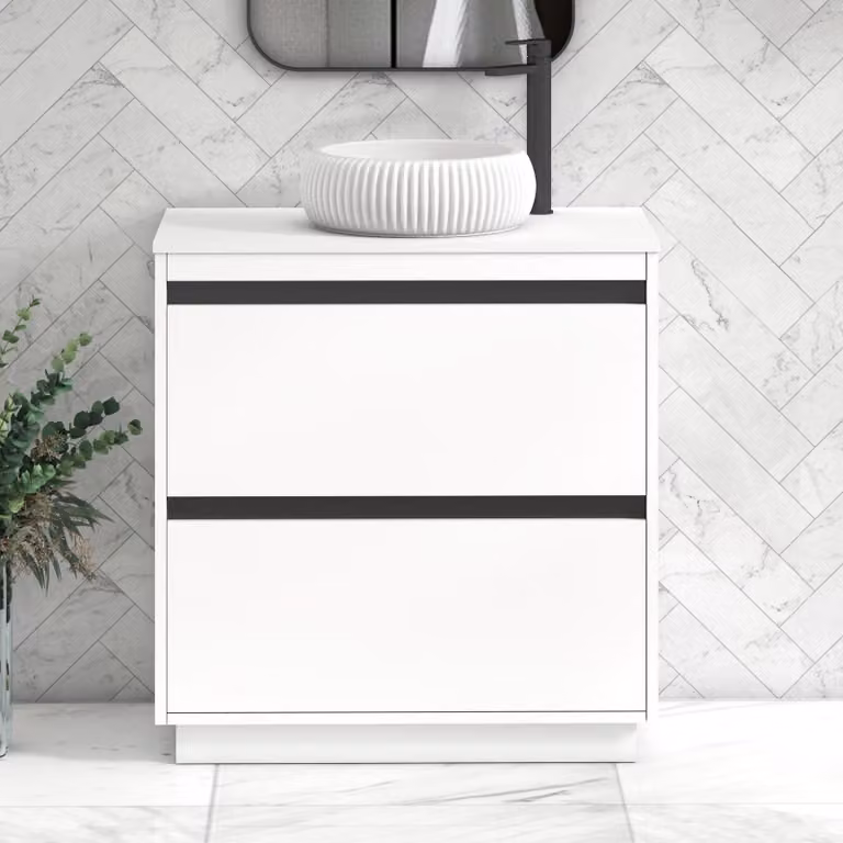 Royal Bathrooms Orion 800mm Matt White Floor Standing 2 Drawer Vanity Unit with Milan Basin and Black Accent Trim