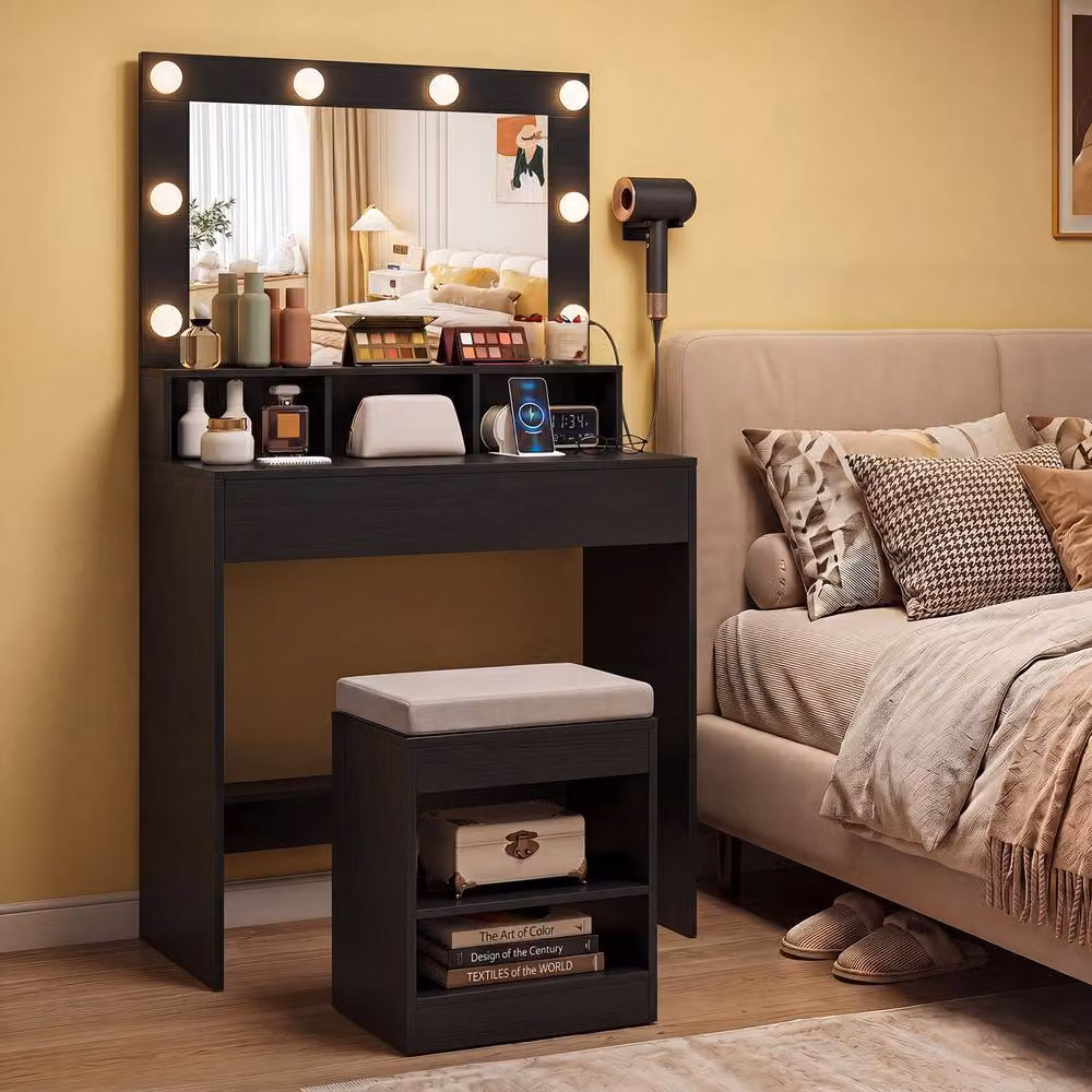 Costway Makeup Vanity Desk Set with Hollywood LED Mirror, Dressing Table and Stool in Black – 6