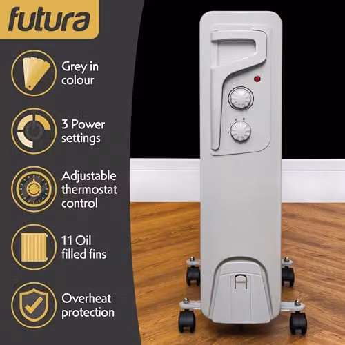 Futura 2500W Oil Filled Radiator, Portable Freestanding Electric Heater in Grey – 2