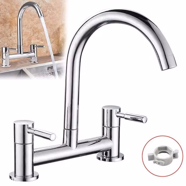 SPETLEK Modern Dual Lever Chrome Kitchen Sink Taps, 2 Hole Deck Mounted, Silver