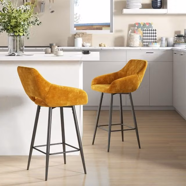 HOMCOM Modern Velvet Bar Chairs in Brown and Yellow with Metal Legs
