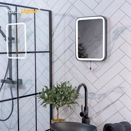 ValueLights Matte Black Rectangular Battery Operated LED Bathroom Mirror with Pull Chain, W/H: 30.5 x 40 cm – 2