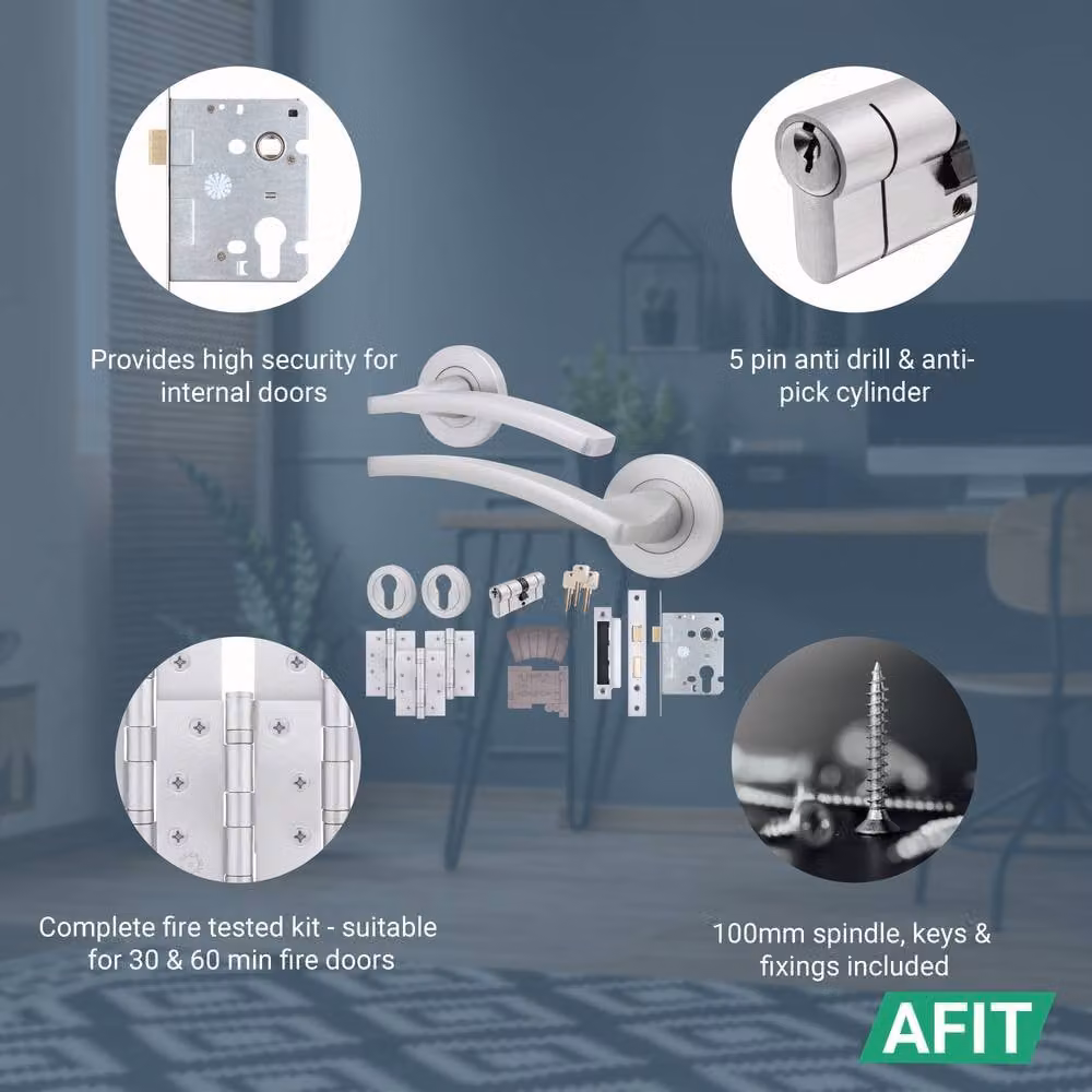AFIT Satin Chrome Fire Door Handle Set with Euro Lock Cylinder and Silver Hinges, W/D/H: 15.0 x 15.0 x 7.0 cm – 2