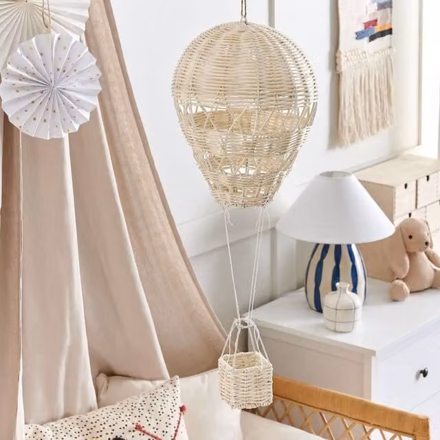 Wyld and Coco Handmade Rattan Hot Air Balloon Hanging Decor for Childrens Rooms in Beige, Brown and Sand