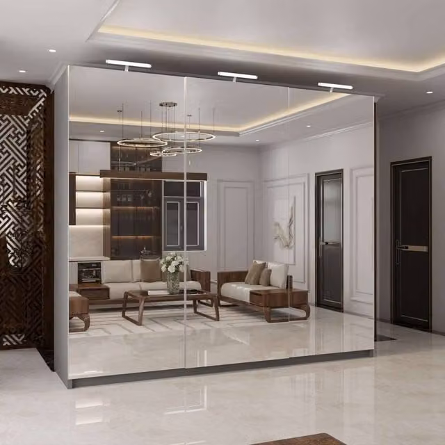 MN Furniture Grey Sliding Door Wardrobe with Full Mirrors and Integrated LED Lighting, Width: 250 cm