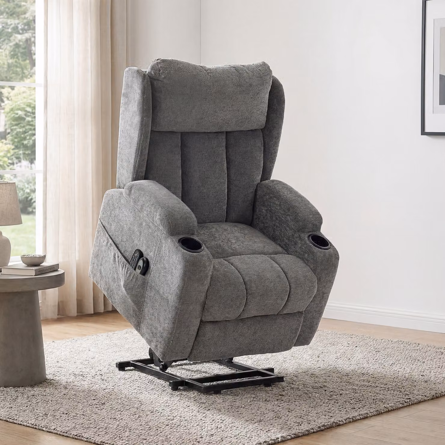 HOMCOM Grey Chenille Power Lift Recliner Chair with Vibration Massage and Heat for Seniors – 7