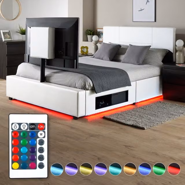 XR Living Ava Upholstered TV Bed with LED Lighting in White, 180 x 200 cm
