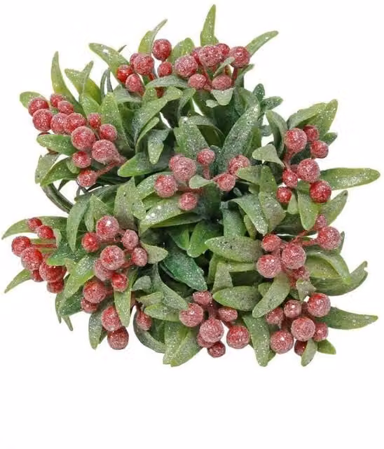 KDMD Frosted Red Berry Bunch with Green Leaves, 2 Pack