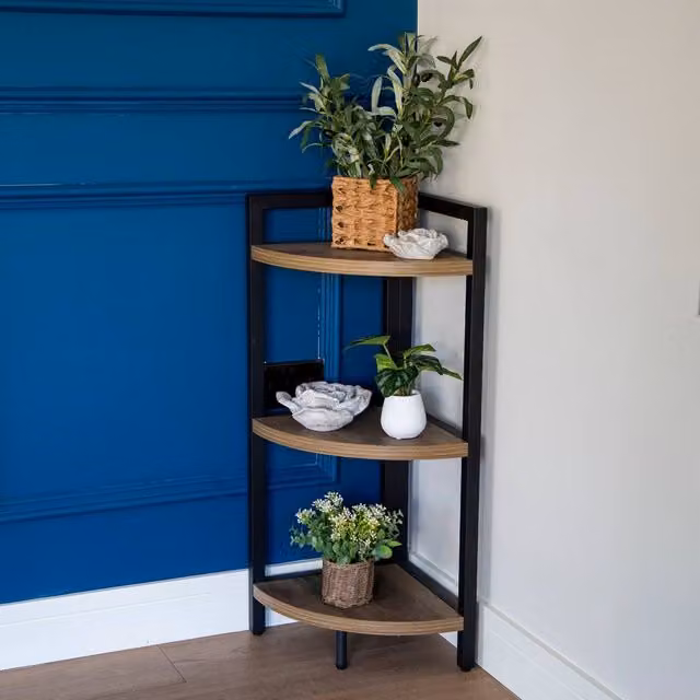 Madison & Mayfair Industrial Oak Wood and Metal Freestanding 3-Shelf Corner Unit in Brown and Black, W/D/H: 32.5 x 32.5 x 85.0 cm