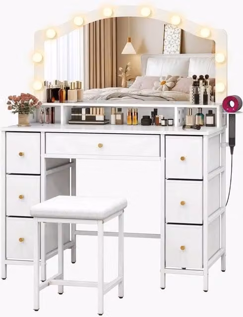 FORGEVIO Modern White Dressing Table with LED Hollywood Mirror and Stool Set