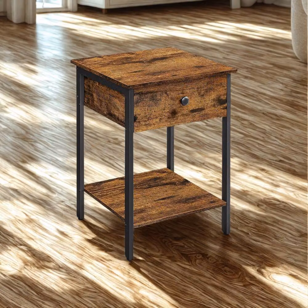 Pirlo Plush Industrial Bedside Table with Drawer and Shelf in Rustic Brown – 3