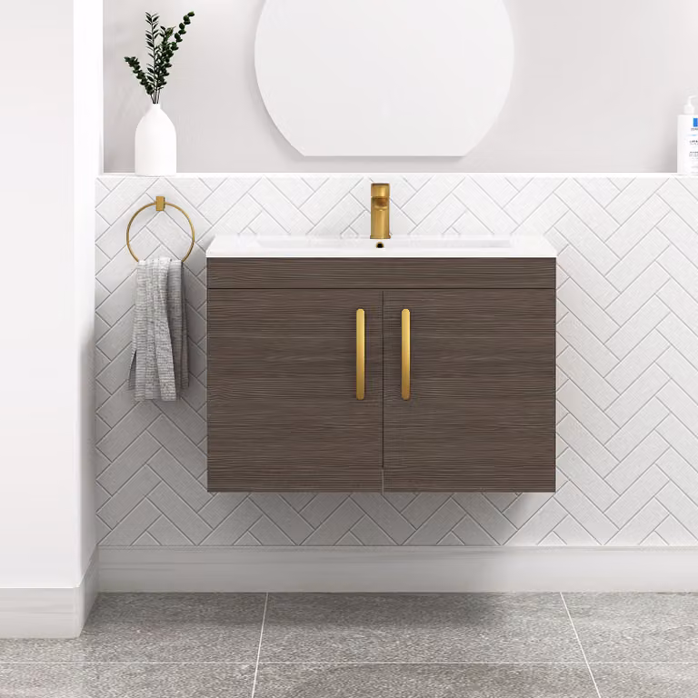 Royal Bathrooms Turin 800mm Wall Hung Vanity Sink Unit in Grey Elm with 2 Soft Close Doors and Brushed Brass Handle