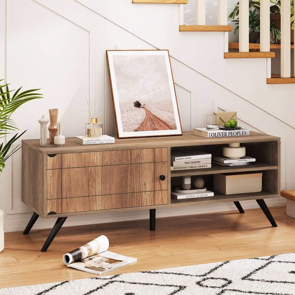 Costway Mid-Century Brown TV Stand and Entertainment Centre with 2 Open Shelves for TVs up to 55 inch – 4