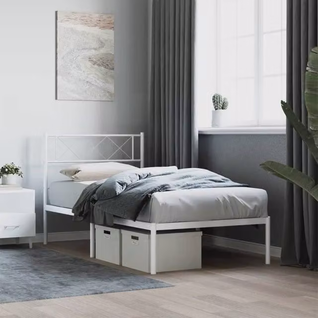 Berkfield Home Metal Bed Frame with Headboard in White, W/D/H: 90 x 200 cm