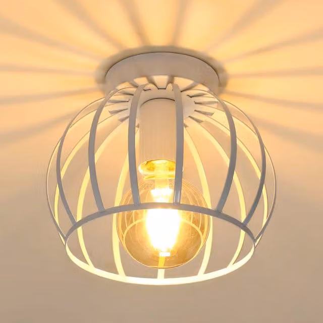 Pheashine White Metal Cage Industrial Ceiling Light with E27 Holder, W/D/H: 19 x 19 x 16.5 cm