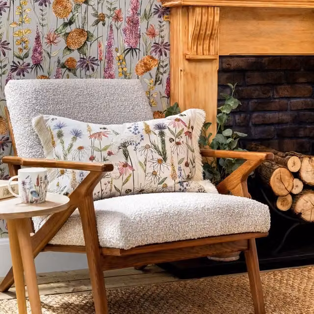 Voyage Maison Hermione Feather Filled Linen Fringed Cushion in Beige and Multicolour Floral Design W/H: 60 x 40 cm