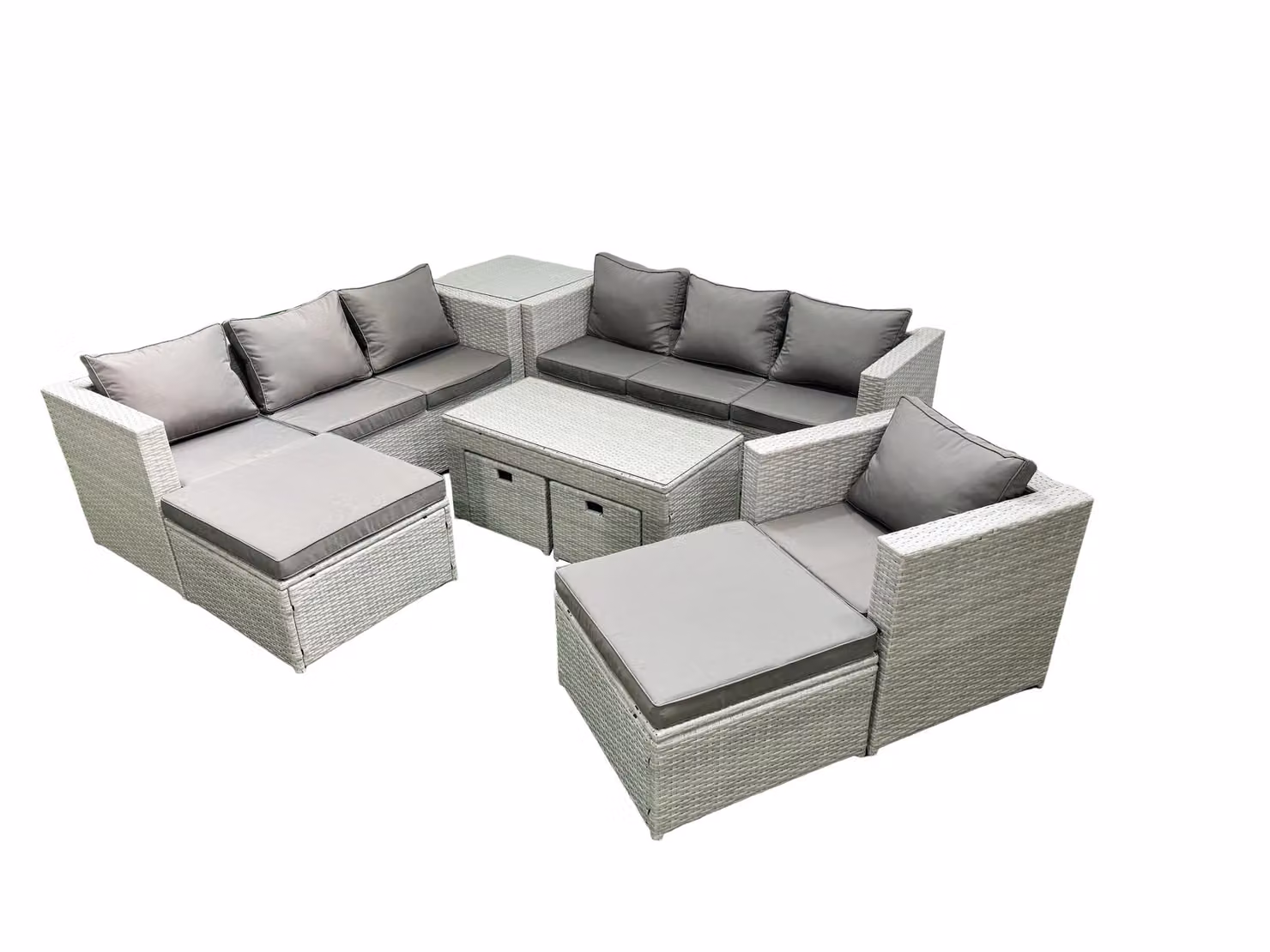 Fimous 11 Seater Rattan Garden Furniture Set with Grey Cushions, U-Shape Lounge Armchairs, Coffee Table and Ottoman for Patio or Terrace – 2