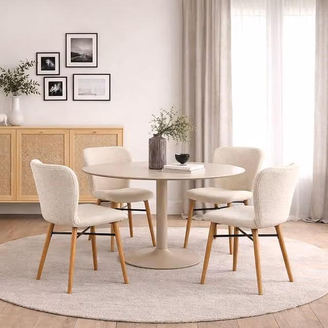 Furniture To Go Ibiza Round Beige Dining Table and 4 Batilda Dining Chairs in Cream and Oak