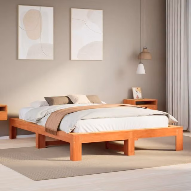 Berkfield Home Solid Wood Pine Bed Frame in Waxed Brown, W/D/H: 140 x 190 cm – 1
