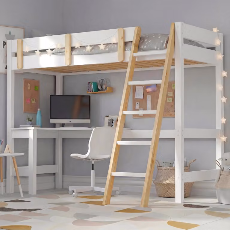 DHS White and Pine Solid Wood High Sleeper Loft Bed Frame with Desk for Children, W/D/H: 190 x 90 x 159 cm