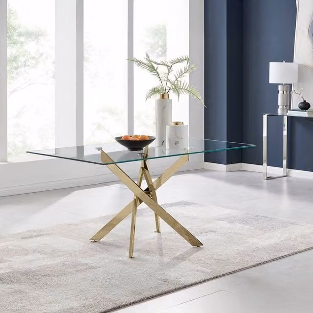 FurnitureboxUK Leonardo Modern 6-Seater Rectangular Glass Dining Table with Gold Metal X-Frame, Width: 150 cm – 1