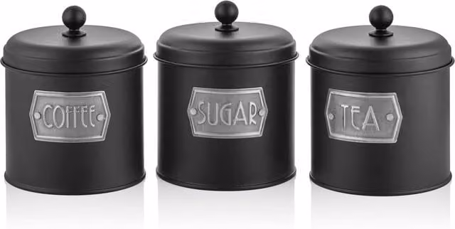The Mia UK Black Coffee, Tea and Sugar Jar Set in Solid Metal