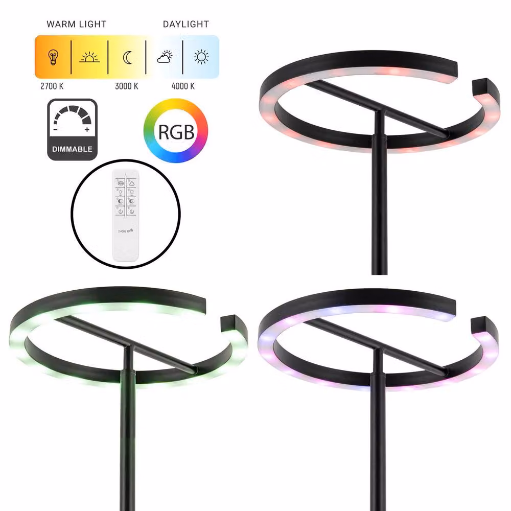 Happy Homewares Modern RGBW LED Halo Ring Black Floor Lamp with Remote Control, H 180 cm x W 30 cm x D 30 cm – 2