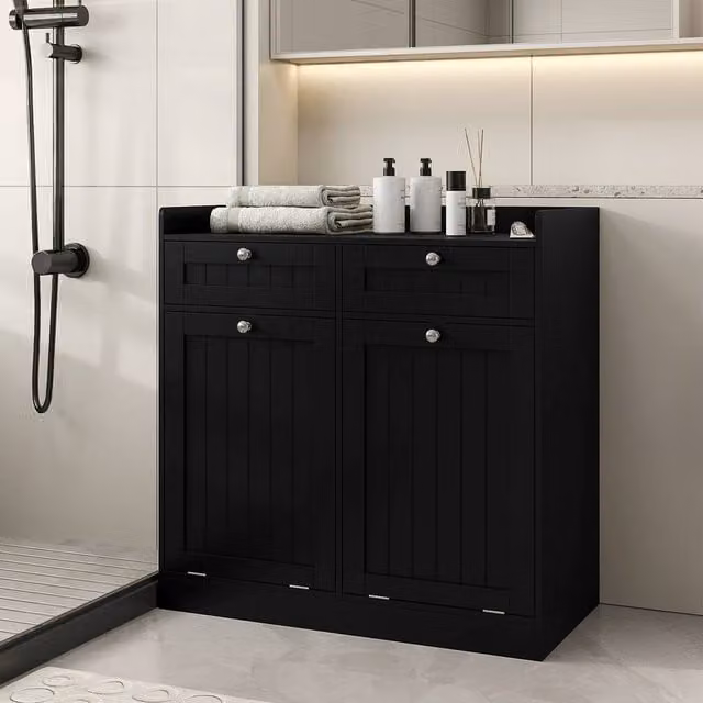 Costway Black Tilt-Out Laundry Hamper Cabinet and Bathroom Storage Unit with 2 Drawers