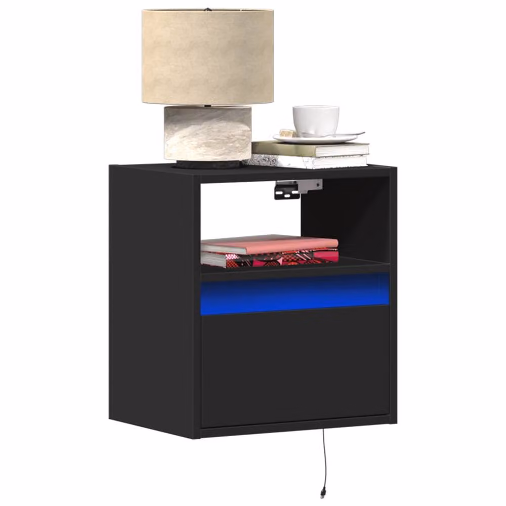 Berkfield Home Set of 2 Black Wall-mounted Bedside Cabinets with Integrated LED Lighting – 2