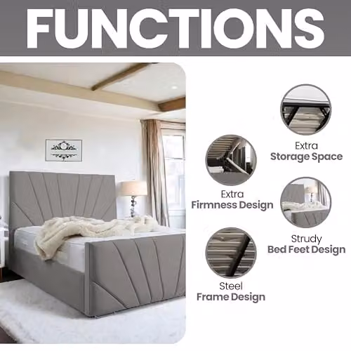 Living Comfort Bedz Sunrise Bed in Grey Plush Velvet with Gas Lift Base, W/D/H: 180 x 200 x 150 cm – 6
