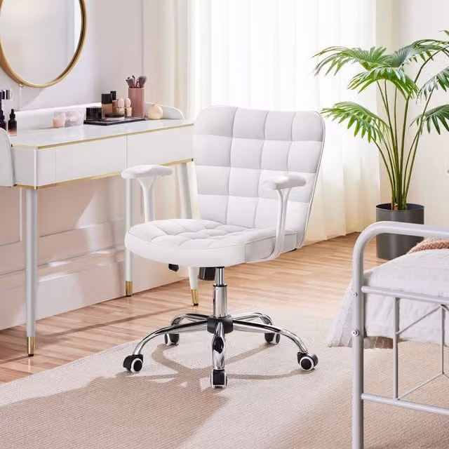 Yaheetech Modern White PU Leather Task Chair with Armrests and 360 Degree Swivel