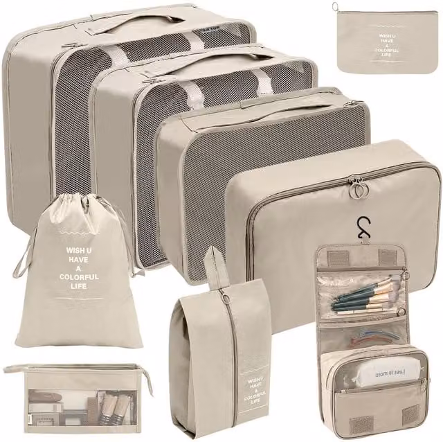 Leaper 9-Piece Mesh Fabric Cosmetic and Outdoor Luggage Storage Bag Set in Beige