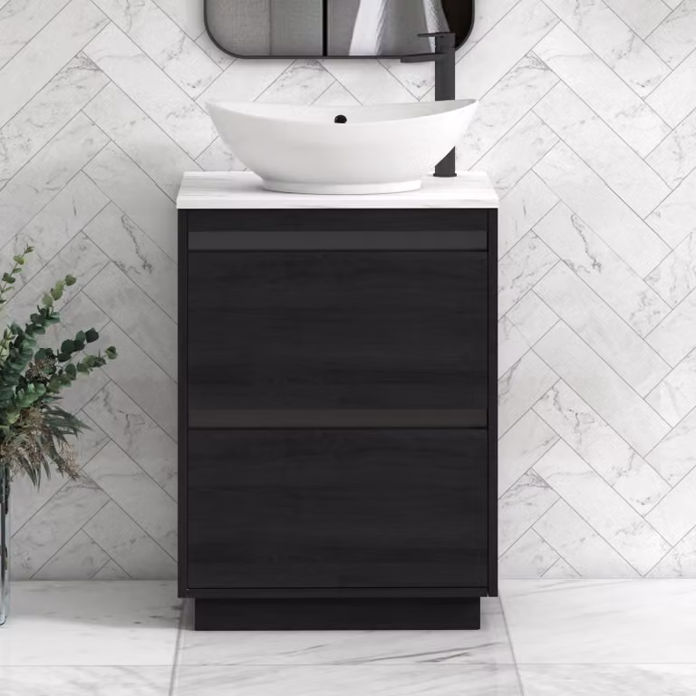 Royal Bathrooms Orion 800mm Hale Black Floor Standing Vanity Unit with Amaze Basin and Carrara White Countertop, 2 Drawers and Black Accent Trim
