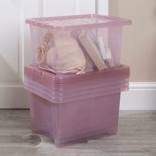 Wham Crystal 5 x 28 l Plastic Storage Boxes with Lids, Pink