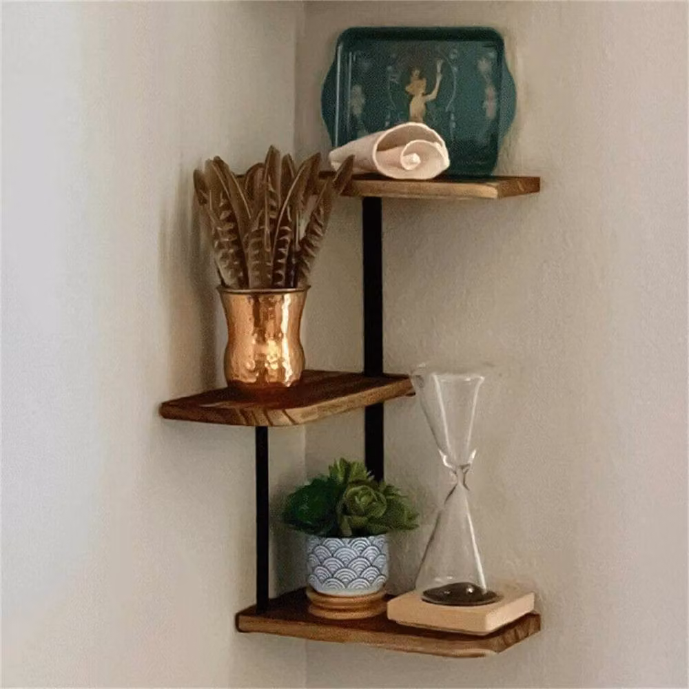FLAVORA Retro Wooden Corner Shelf in Brown and Black – 3