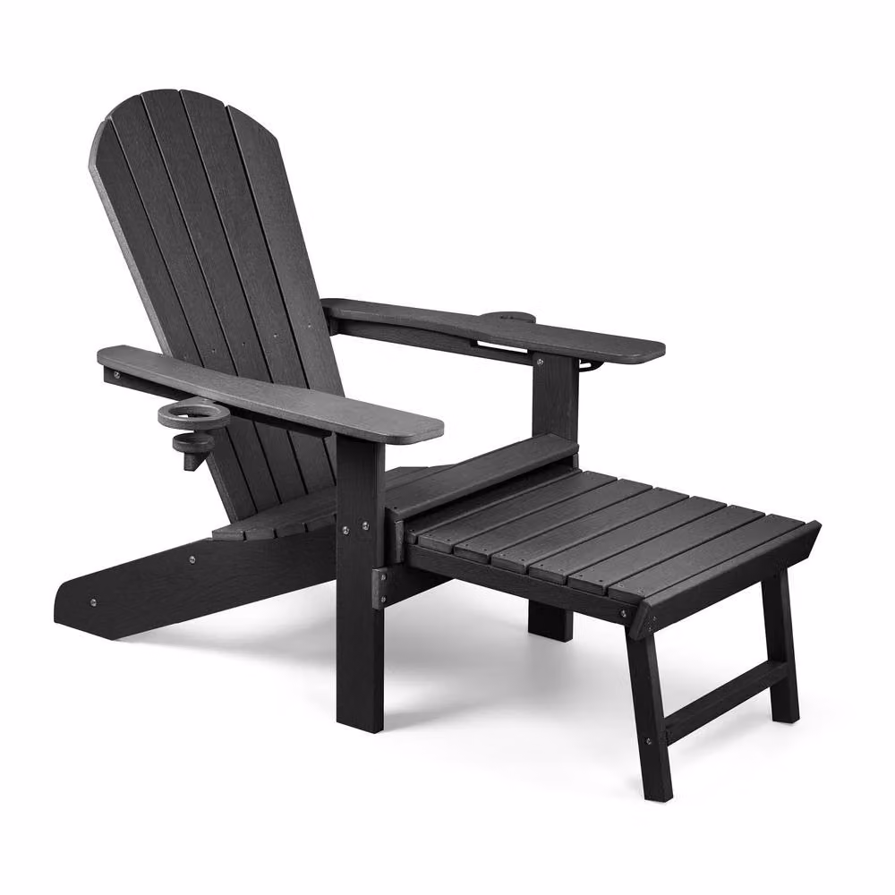 VonHaus Westport Reclining HDPE Adirondack Garden Chair with Ottoman and Cup Holders, Black (Pack of 2) – 2