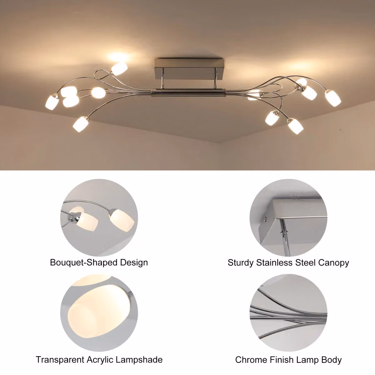 Garwarm 12-Light LED Integrated Flush Mount Ceiling Light in Chrome Silver, W: 110 cm – 3