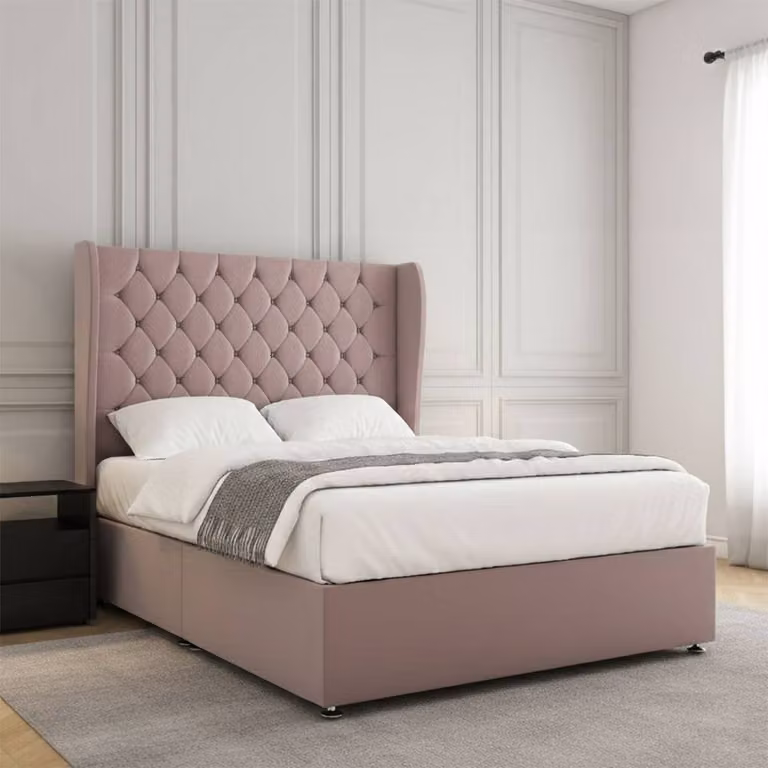 Regional Furnishings Plush Velvet Super King Divan Bed Base with 54 inch Headboard in Pink, W/D/H: 200 x 200 cm