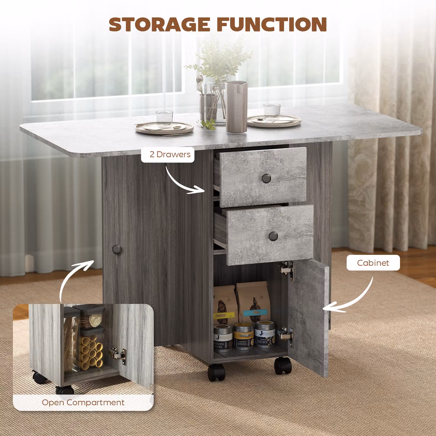HOMCOM Modern Grey Foldable Drop Leaf Dining Table with Drawers and Storage Cabinet – 6