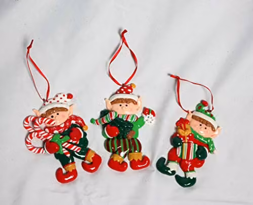 SHATCHI 3-Piece Set of Multicolour Ceramic Elf Hanging Christmas Tree Ornaments – 3