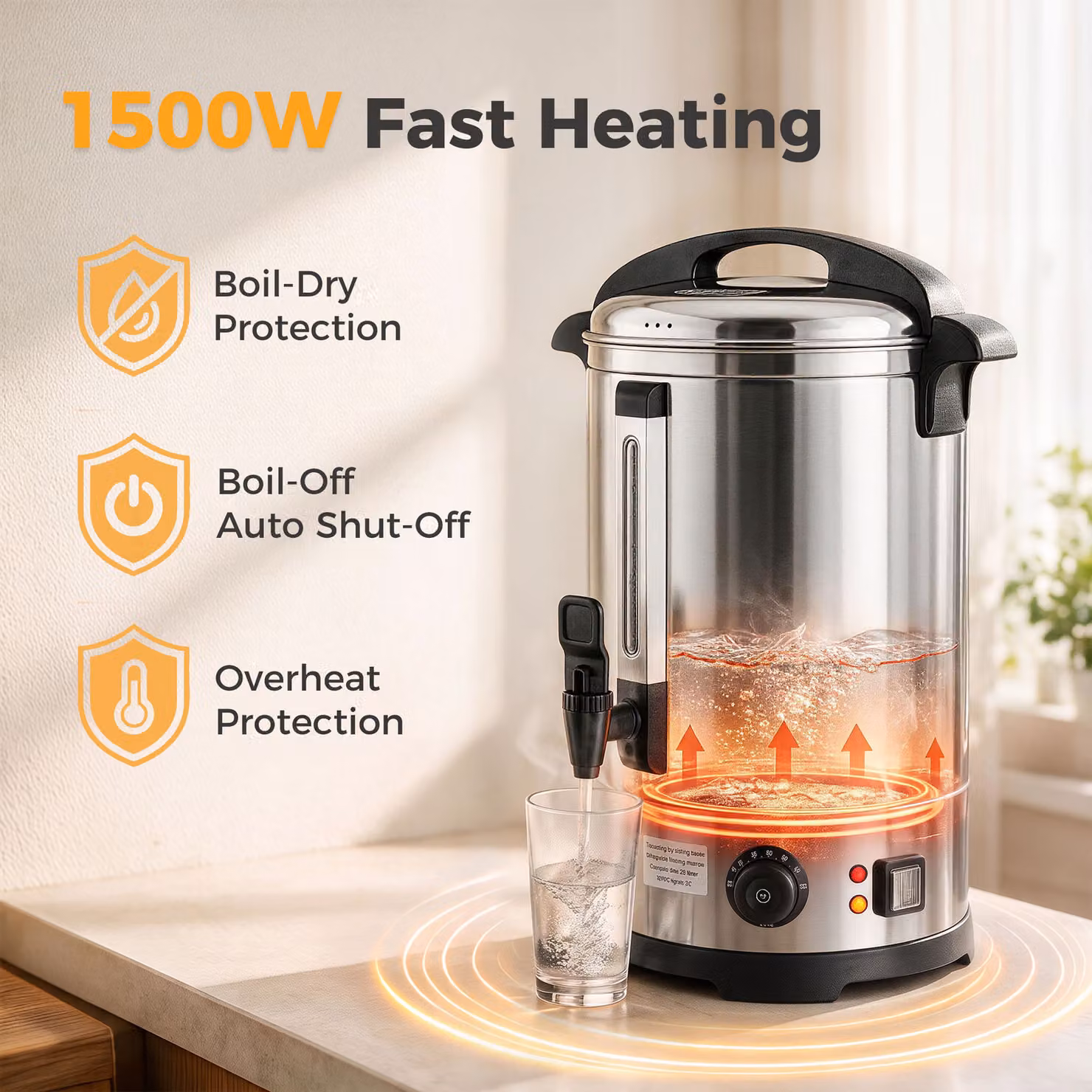 HOMCOM 6.5L Catering Hot Water Urn, 1500W Stainless Steel Boiler Dispenser in Silver with Thermostat and Keep Warm Function – 6