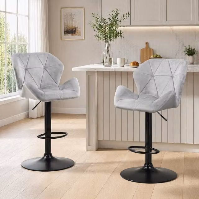 STILVORA Set of 2 Adjustable Height Swivel Bar Stools in Grey Fabric and Metal – 1
