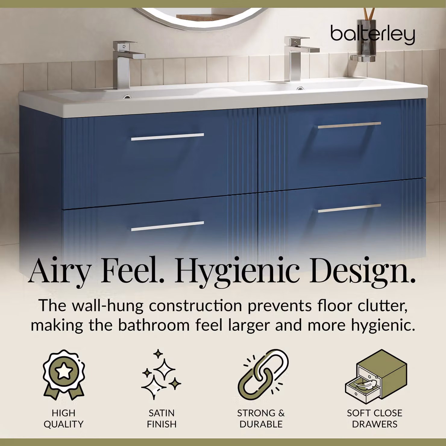Balterley Wall Hung 4 Drawer Vanity Unit with 2 Ceramic Basins, Satin Blue, W: 120 cm – 3